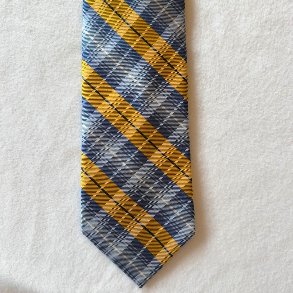 Peter Millar Silk Tie Plaid Check Yellow Blue Hand Folded Necktie Preppy